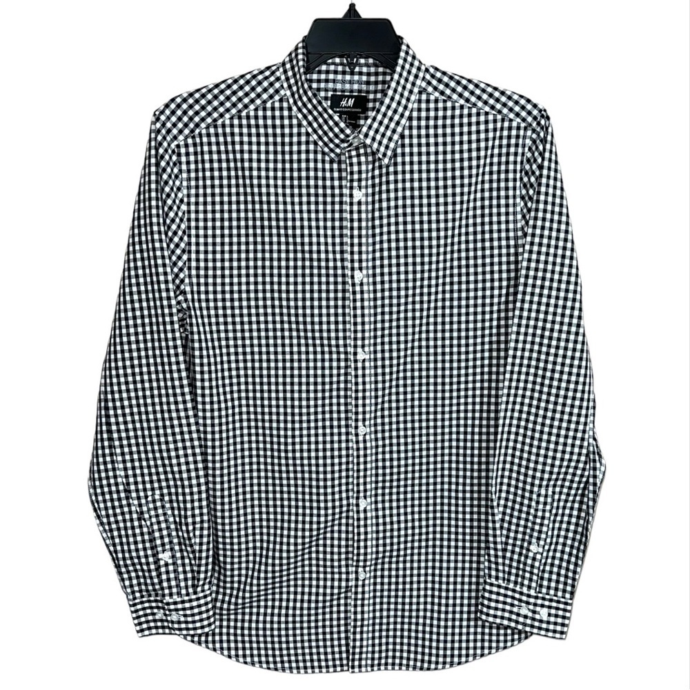 H&M Shirt Men’s Size L Black White Checks Slim Fit Button Front Casual Modern